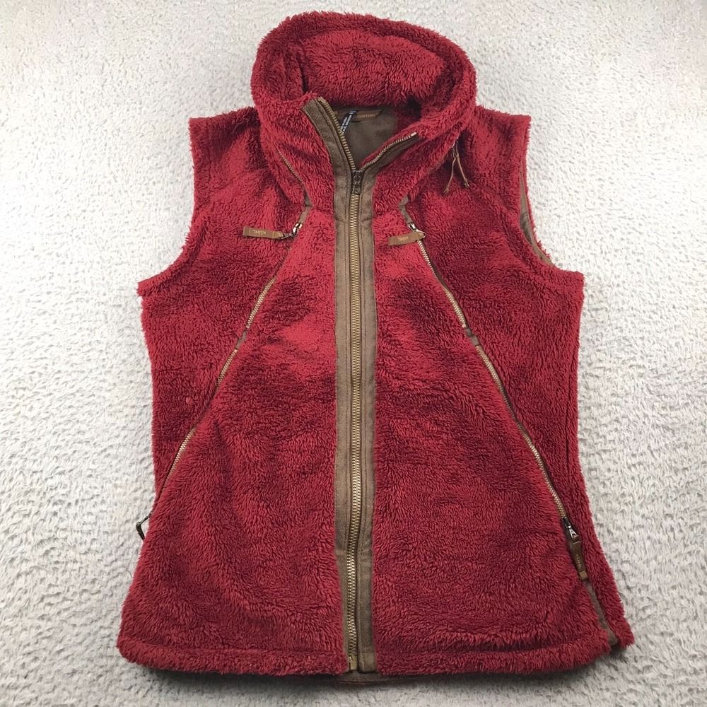 Kuhl Flight Vest Womens L Red Deep Pile Fleece Sherpa Full Zip Hidden Hood